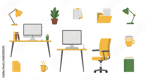 Modern office essentials in flat design with desktop computers and accessories