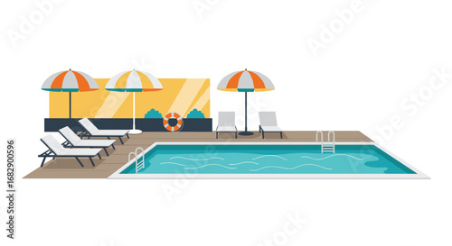 Modern outdoor pool area with lounge chairs and umbrellas