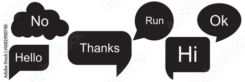 Speech bubbles with short text messages. Set of black speech bubbles containing simple words like Hello, Hi, Thanks, Ok, No, and Run, ideal for communication design. EPS 10

