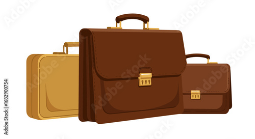 Elegant leather briefcases in modern flat design with gold accents
