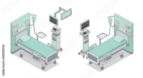 Isometric hospital room with modern medical equipment and two patient beds