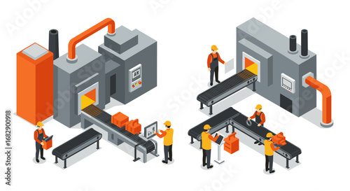 Modern factory automation with industrial workers and equipment in isometric design