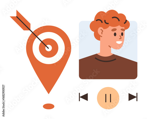 Arrow hitting target icon, person profile, media controls for goals, achievement, focus, personalization, learning productivity teamwork. Ideal for strategy business education. Simple flat