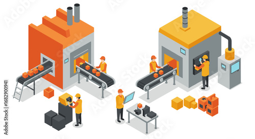 Isometric factory automation process with workers and machinery in production line