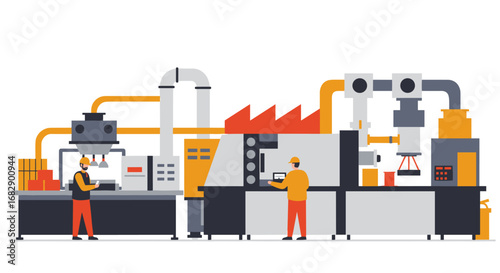 Modern factory machinery and workers in flat style