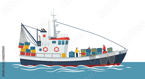 Fishing vessel with crew and nets catching seafood in marine waters