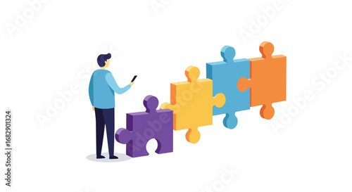 Businessman assembling colorful puzzle pieces for teamwork concept