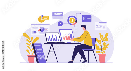 Flat design business analysis workspace with charts and graphs