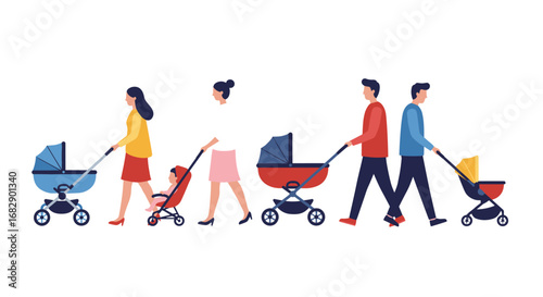 Parents with strollers walking in row