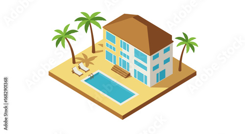 Isometric beachside house with pool and palm trees in summer vibes
