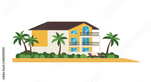 Modern beach resort hotel with palm trees and relaxing sun loungers