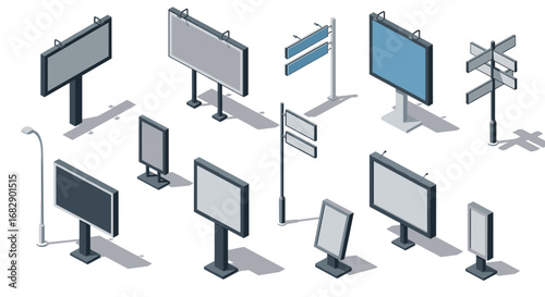 Diverse urban billboards collection in isometric style for outdoor advertising concepts