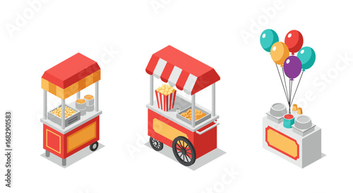 Isometric set of snack carts and balloon station on white background
