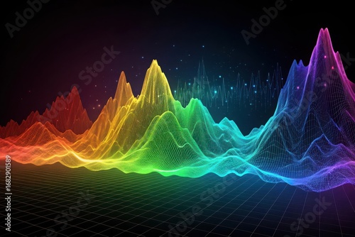 Vibrant rainbow wireframe mountains with digital sound waves and grid abstract background