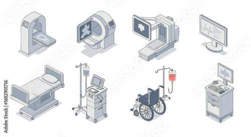 Hospital equipment isometric set featuring mri, wheelchair, and icu bed