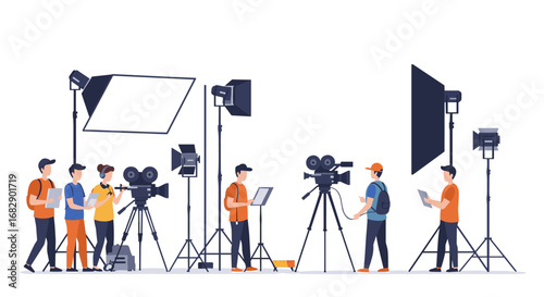 Film crew in action on set with professional equipment and lighting