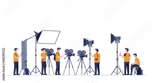 Team in studio setting up cameras and lighting for film production scene