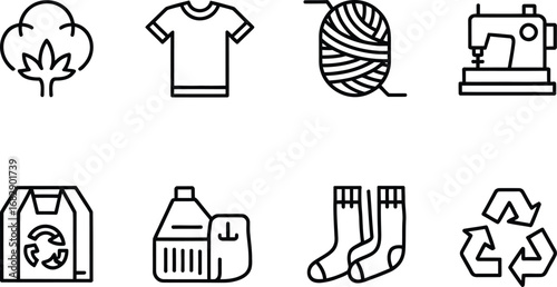 Line symbols vividly showcase sustainable textile production's journey; from cotton, yarn, and sewing to vital recycling, promoting eco-friendly fashion.