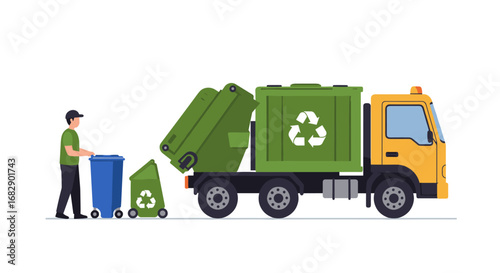 Eco-friendly waste management: recycling truck and worker in modern flat design