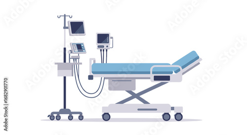 Hospital bed with medical equipment on wheels in a modern flat design