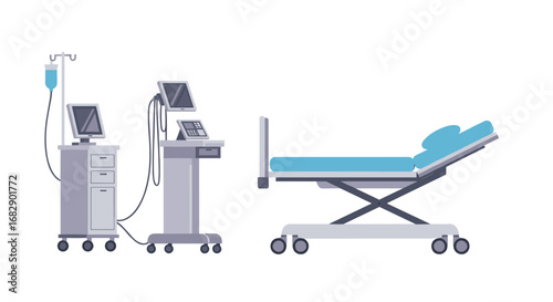 Modern hospital equipment with medical bed and diagnostic machines set on white