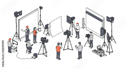 Film crew in studio setting with camera equipment and lighting in isometric style
