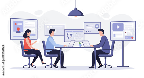 Collaborative teamwork in a modern office setting with digital technology
