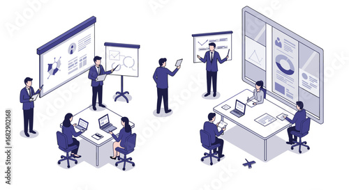 Isometric business meeting and presentation concept in modern office space