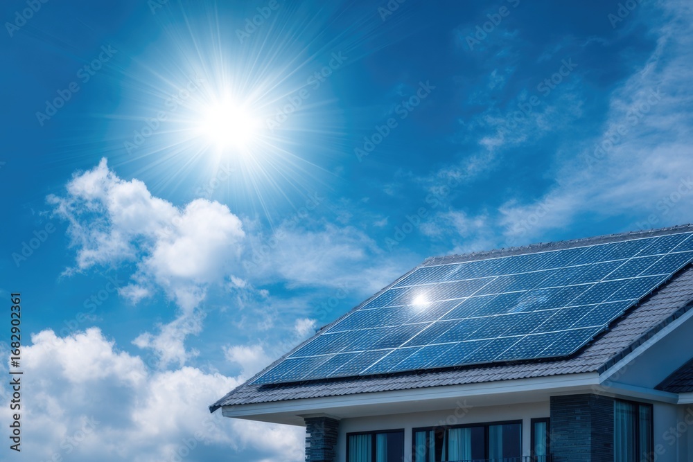 Naklejka premium Modern house rooftop with shiny solar panels, blue sky with light clouds, eco friendly home concept.