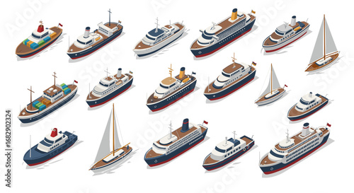 Variety of isometric ships and boats on white background