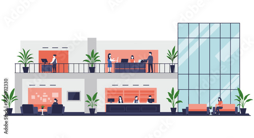 Modern office building with open workspace and glass facade in flat design