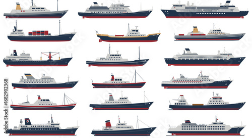 Vector art of various ships: cruise liners, cargo ships, and more in flat style