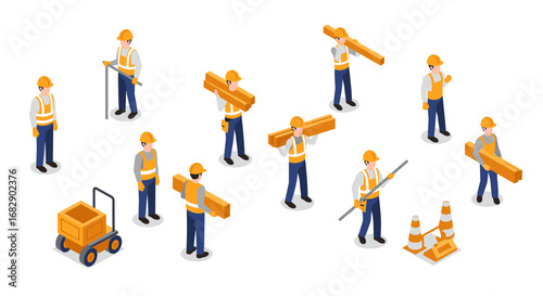 Isometric construction workers with safety equipment and tools in various poses