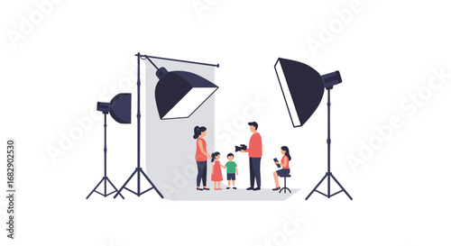 Family portrait session in photo studio with professional lighting setup