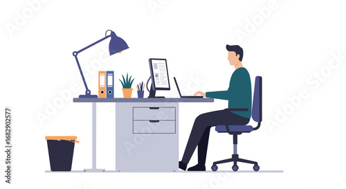 Man working at modern office desk with computer in flat design