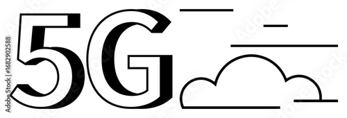 Bold 5G text paired with a minimalist cloud and dynamic speed lines, highlighting fast internet and cloud technology. Ideal for tech innovation, speed, wireless connection, network advancement