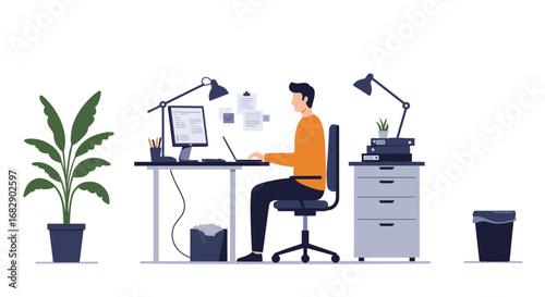 Flat design home office setup with plants and workspace essentials