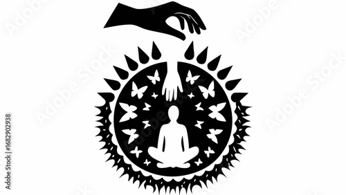 Black and white illustration of a person meditating surrounded by butterflies with hands above them in a circle silhouette