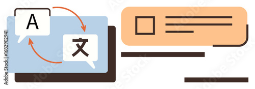 Speech bubbles with language symbols connected by arrows, alongside a text block. Ideal for language learning, translation, communication, globalization, software, UI design education. Simple flat