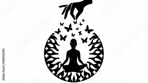 Silhouette of a person meditating surrounded by butterflies and a hand above in a decorative circle