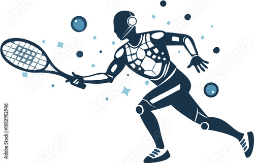 Illustration of a futuristic robot tennis player in action pose with tennis racket and floating spheres around silhouette