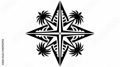 Stylized black and white compass rose design with palm tree accents in a symmetrical arrangement silhouette