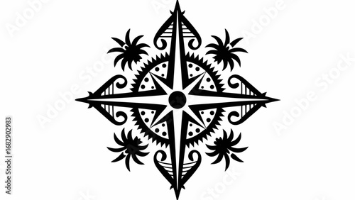 Intricate black and white compass rose design with floral and geometric elements forming a symmetrical pattern silhouette