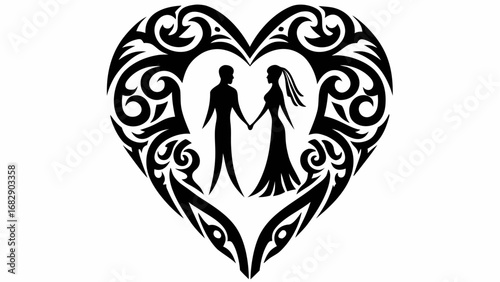 Silhouette of a couple holding hands inside a heart shape with tribal pattern design element around it