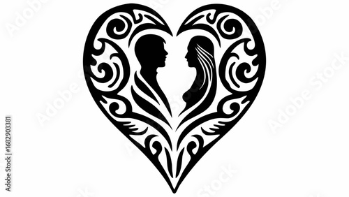 Silhouette of a couple facing each other inside a heart shape with decorative swirls and flourishes