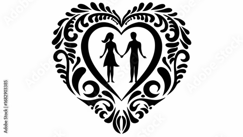 Silhouette of a couple holding hands inside a heart shaped floral design with intricate swirls and patterns