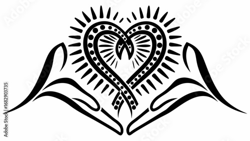 Stylized hands holding a heart shape with radiating lines and decorative dots in black and white design silhouette