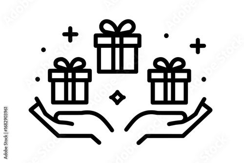 Modern illustration on a white background is used to showcase a linear icon set symbolizing free gifts, which is a common marketing tactic for promo products