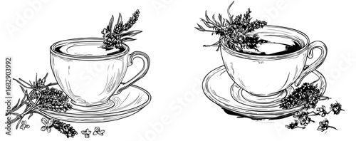 The combination of cartoon lavender tea in an elegant white cup, paired with delicate purple flowers, creates a serene atmosphere, emphasizing the relaxing and wellness-evoking qualities of the
