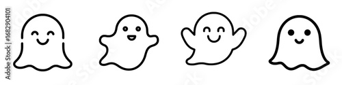 A ghost icon with editable stroke and outline is depicted in a flat, modern style on a white background, measuring 64 x 64 pixels for a pixel-perfect image